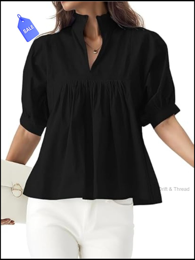 V-Neck Puff Sleeve Peplum Blouse Woven Cotton Top